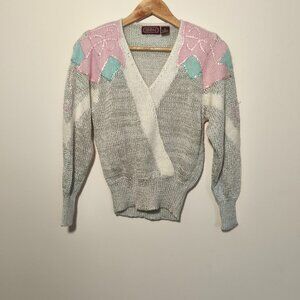 80s Ginenne Faux Wrap Embroidered Lambswool Angora Sweater sz S/M Ivory Pink